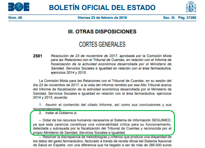 BOE A 2018-2581 (En su apartado 2 se insta al gobierno a potenciar con recursos humanos Seguimed).